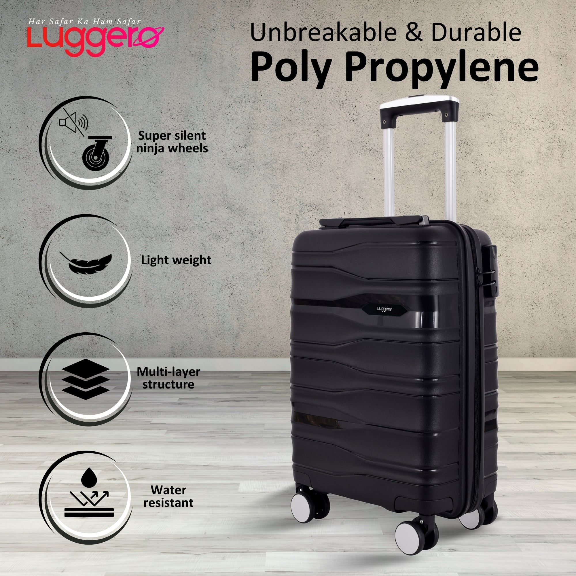 UDAAN BLACK Light Weight & Durable Polypropylene Material Shell