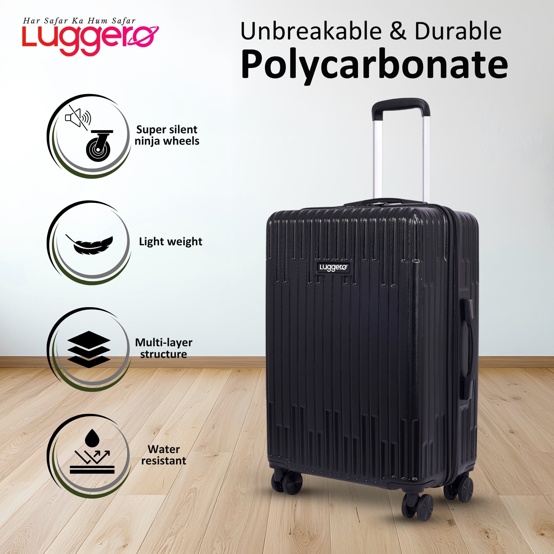 ASPIRE BLACK Light Weight & Durable Polycarbonate Hard Luggage