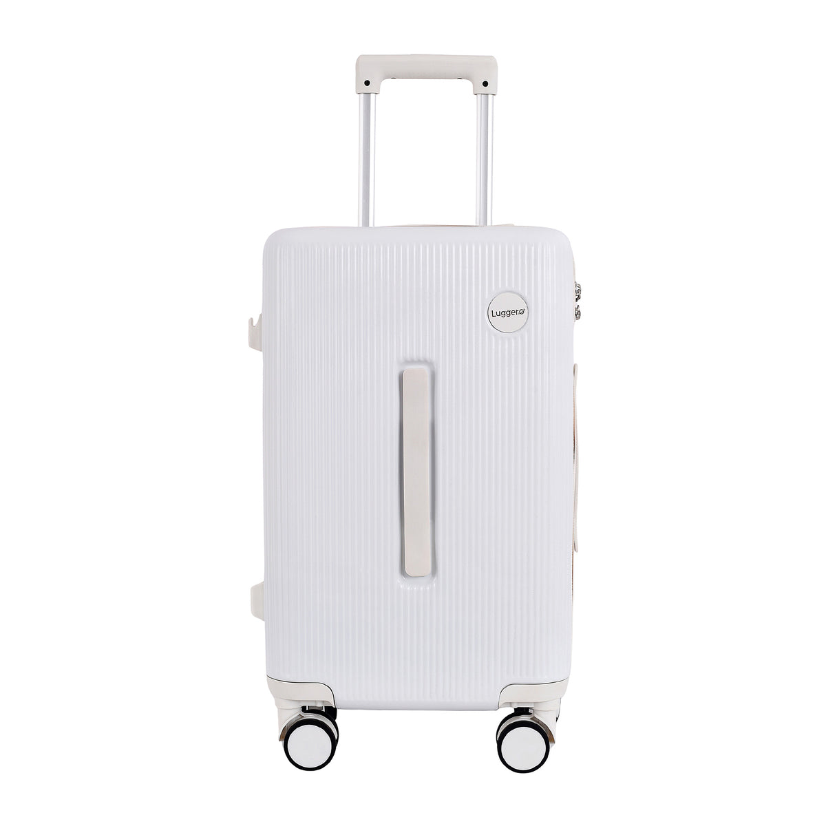 Prague white 20 inch trolley bag, front view with combination lock

