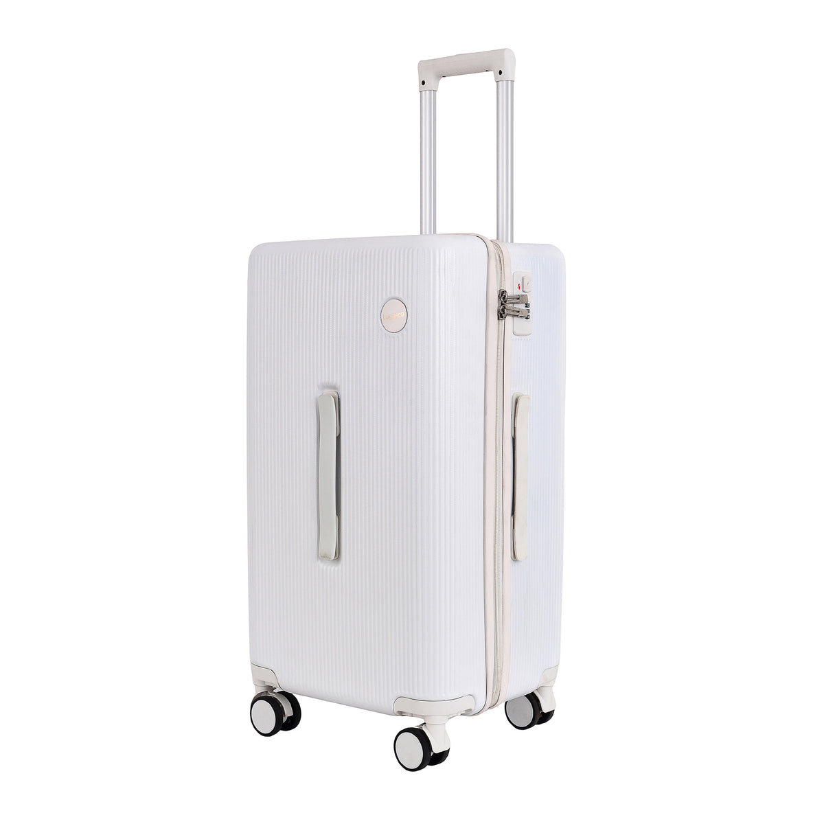 Prague medium polycarbonate trolley bag in white, 24 inch — front three-quarter view
