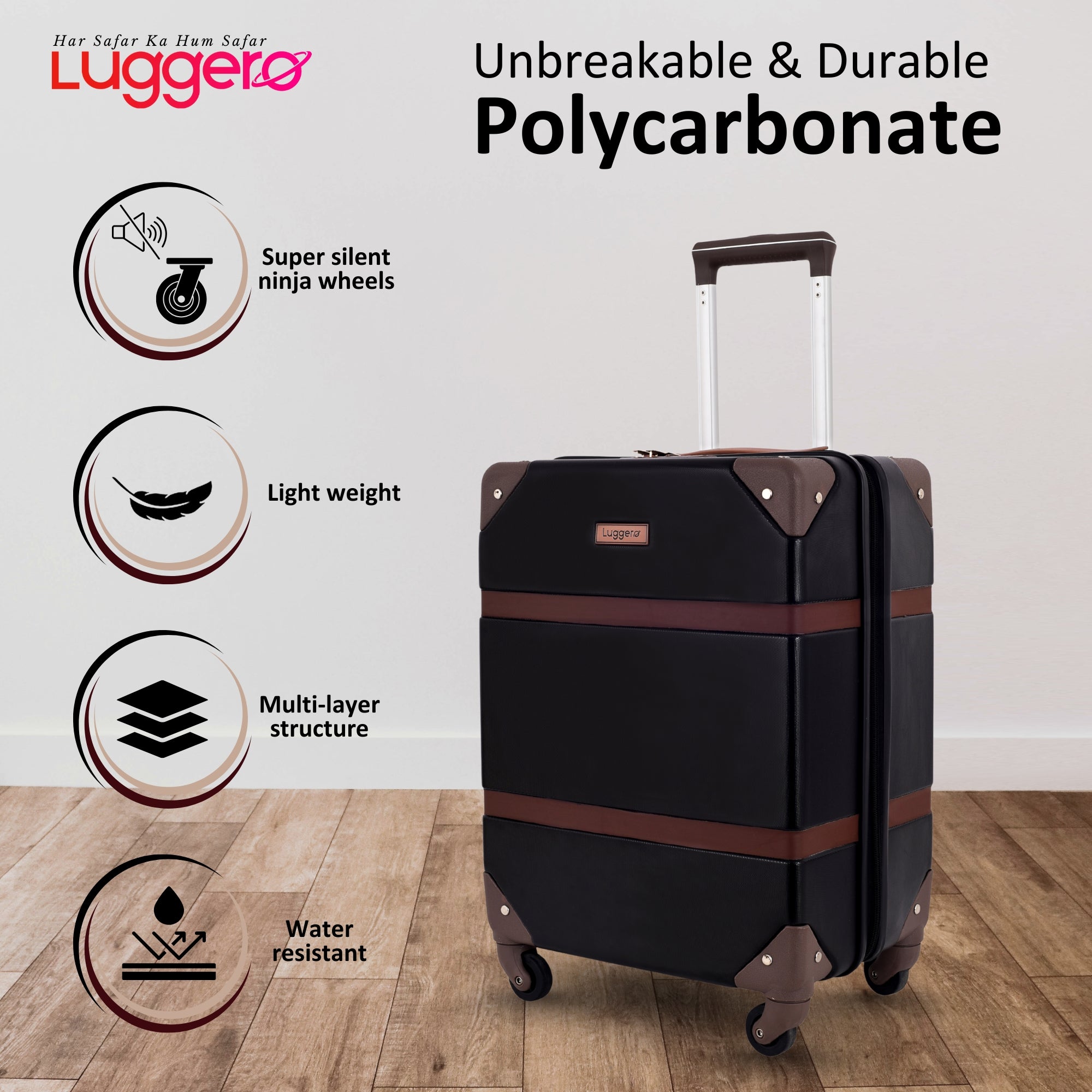 SANTORINI BLACK Light Weight & Durable Polycarbonate Hard Luggage