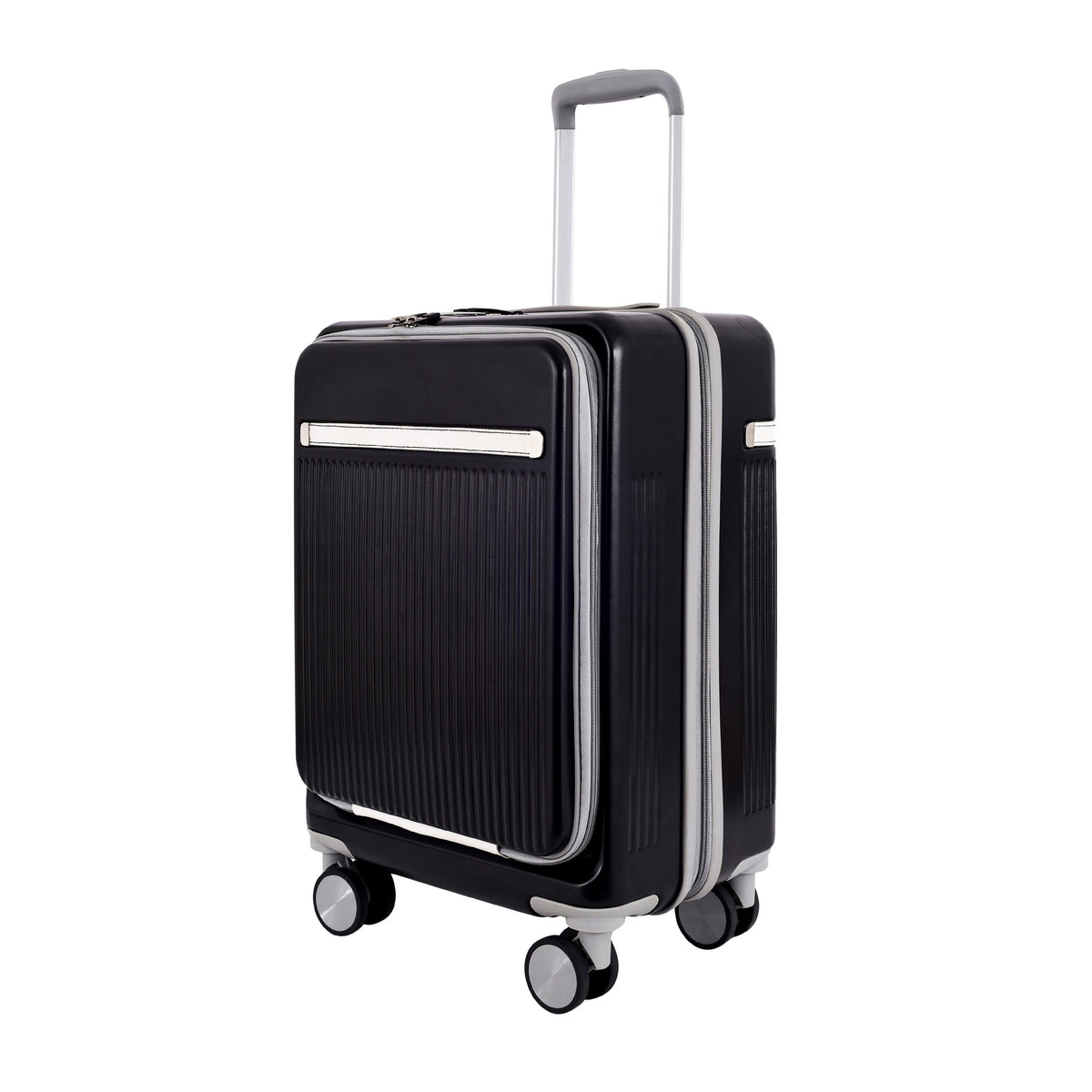 Capri cabin polycarbonate trolley bag in black, 20 inch — front three-quarter view
