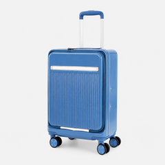Capri cabin polycarbonate trolley bag in blue, 20 inch — front three-quarter view
