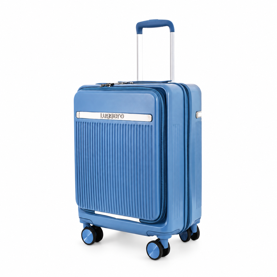 Luggero Lux Capri Polycarbonate Hard Trolley Bag — Front Laptop Pocket | 20 inch — Blue