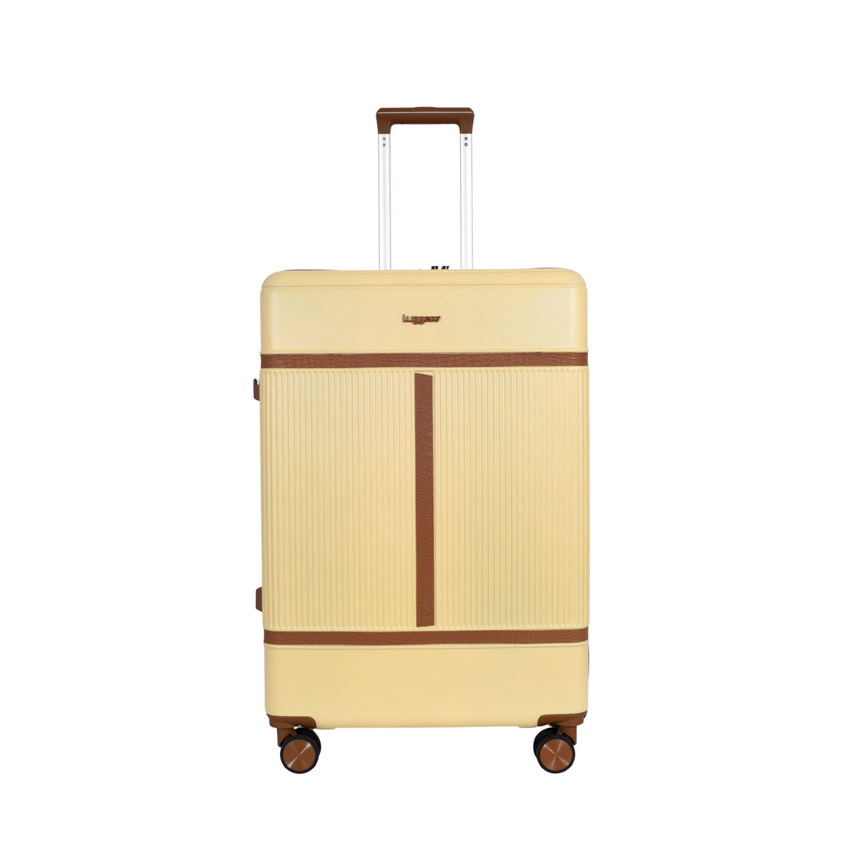 Mykonos cream 24 inch trolley bag, front view with combination lock
