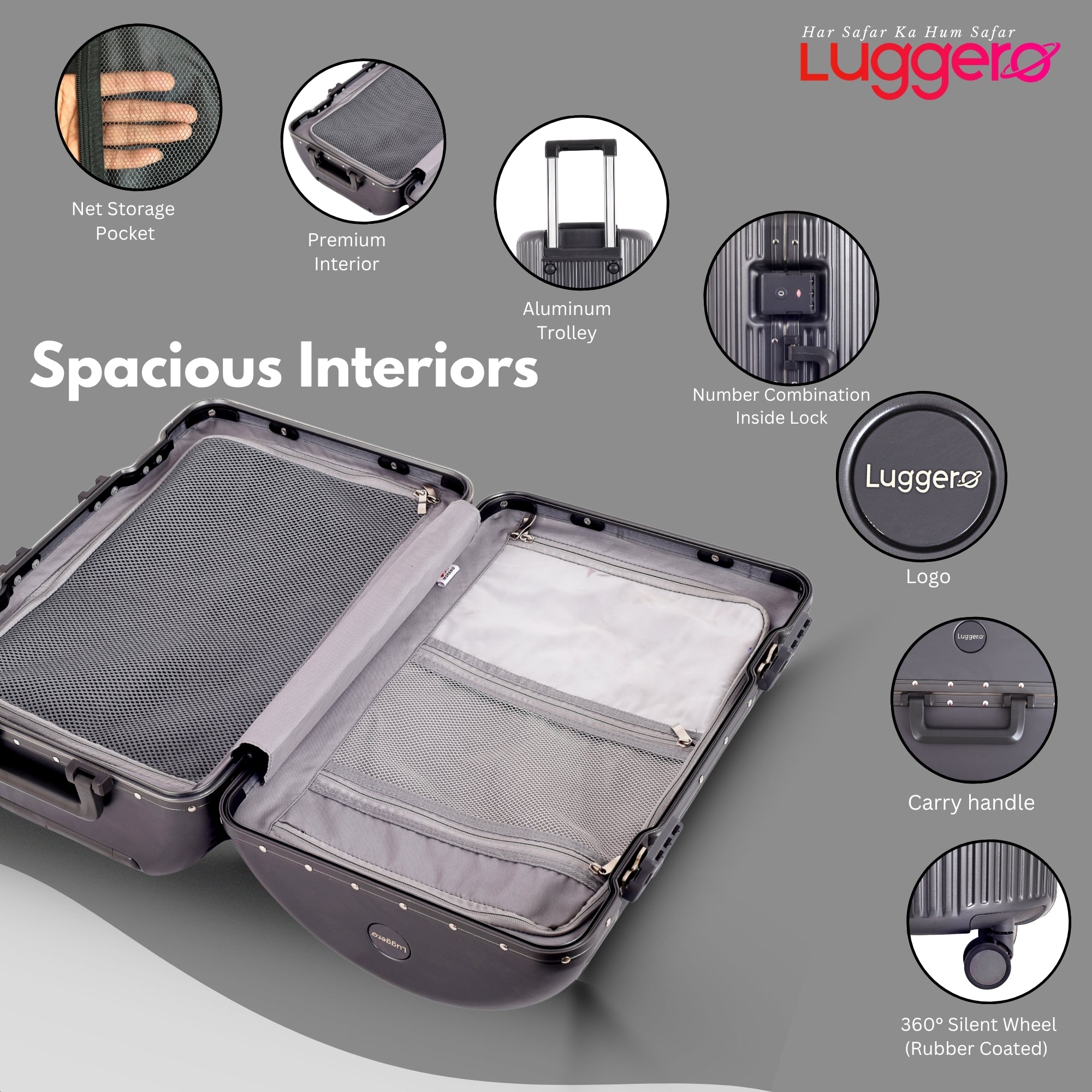 KYOTO DARK GREY Light Weight & Durable Polycarbonate Hard Luggage