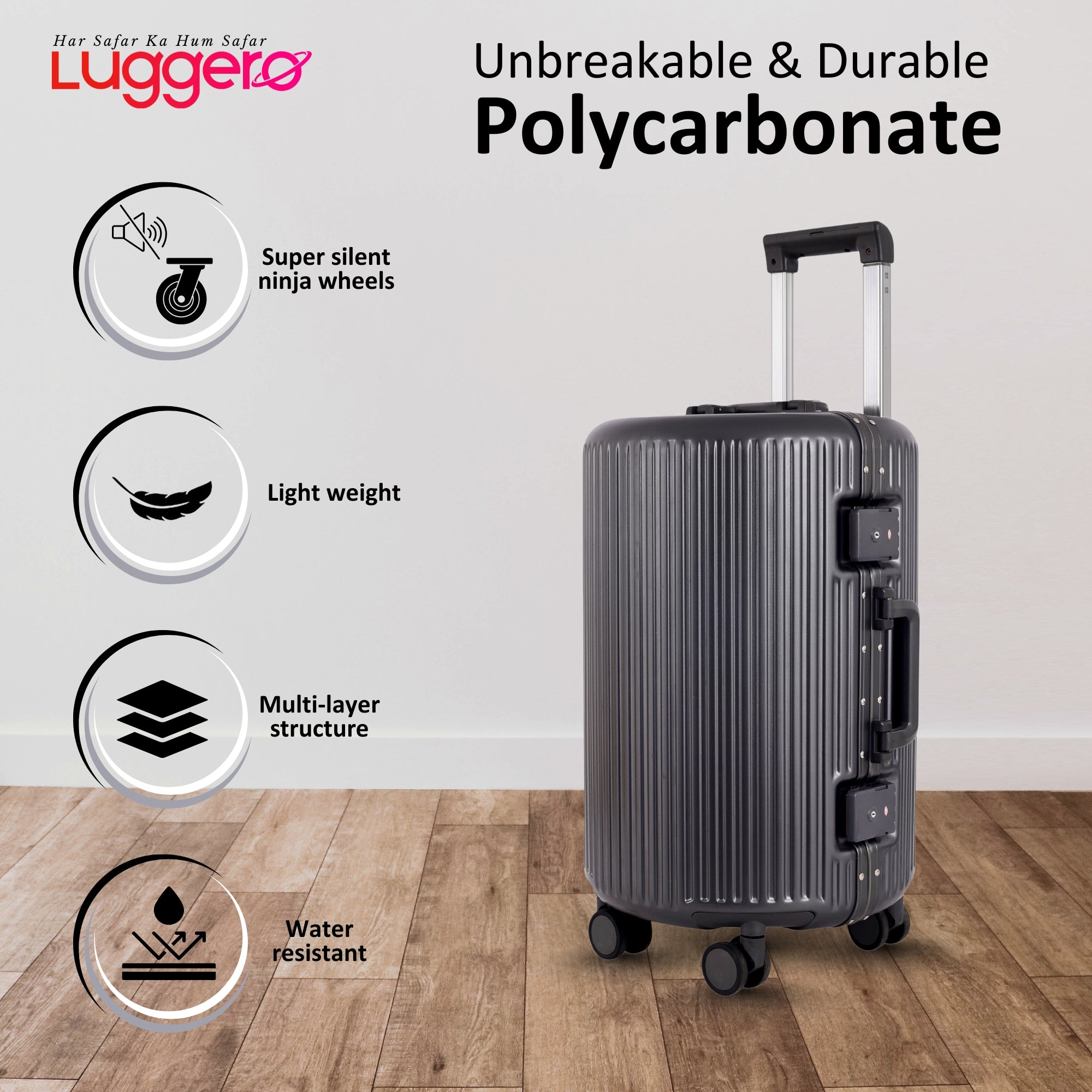 KYOTO DARK GREY Light Weight & Durable Polycarbonate Hard Luggage