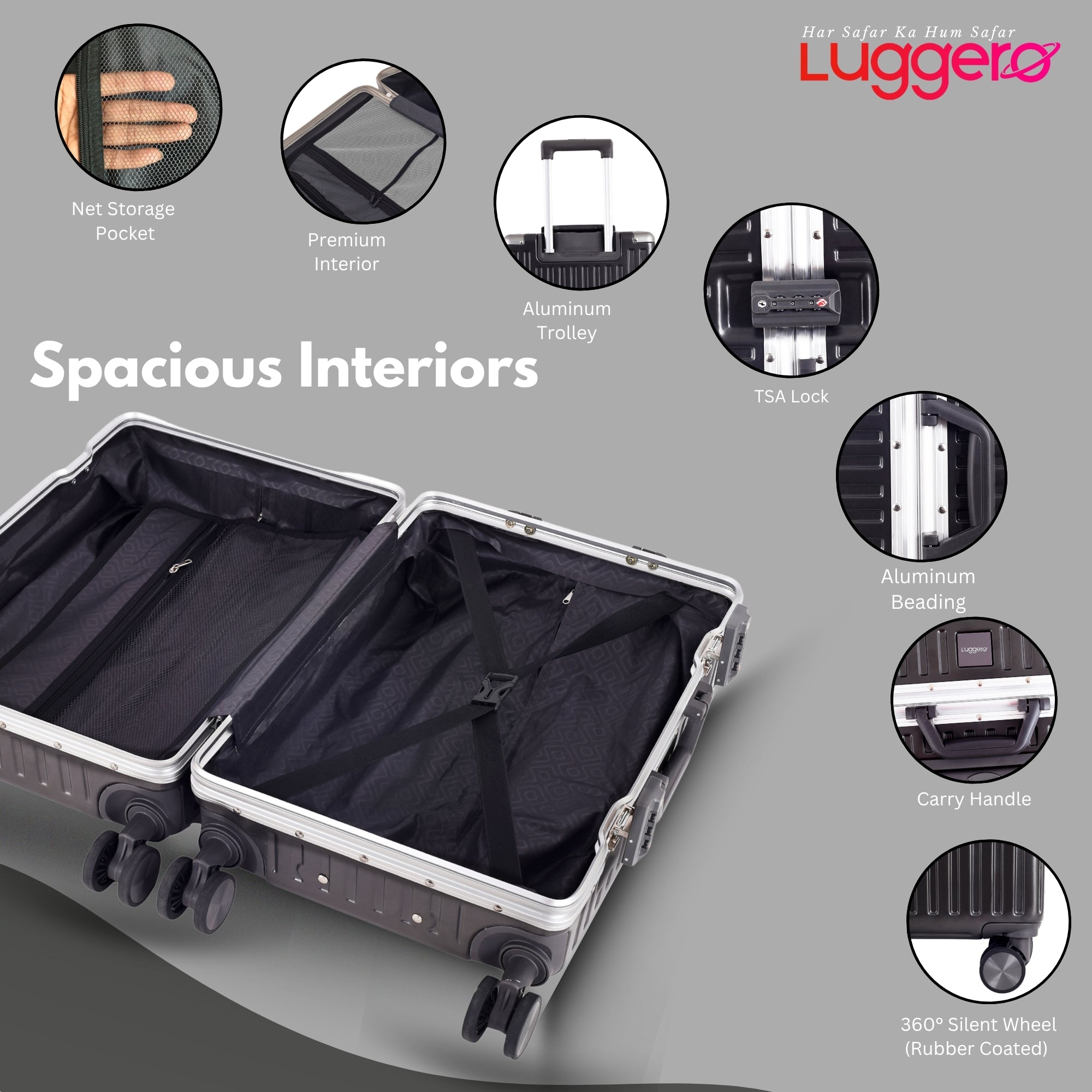 MONACO GREY Light Weight & Durable Polycarbonate Hard Luggage