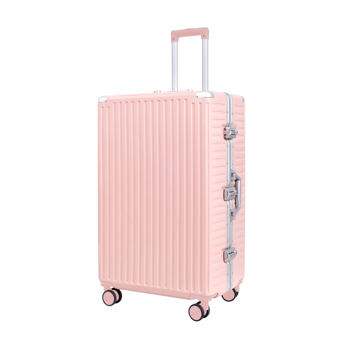 Monaco large polycarbonate trolley bag in pink, 28 inch — front three-quarter view
