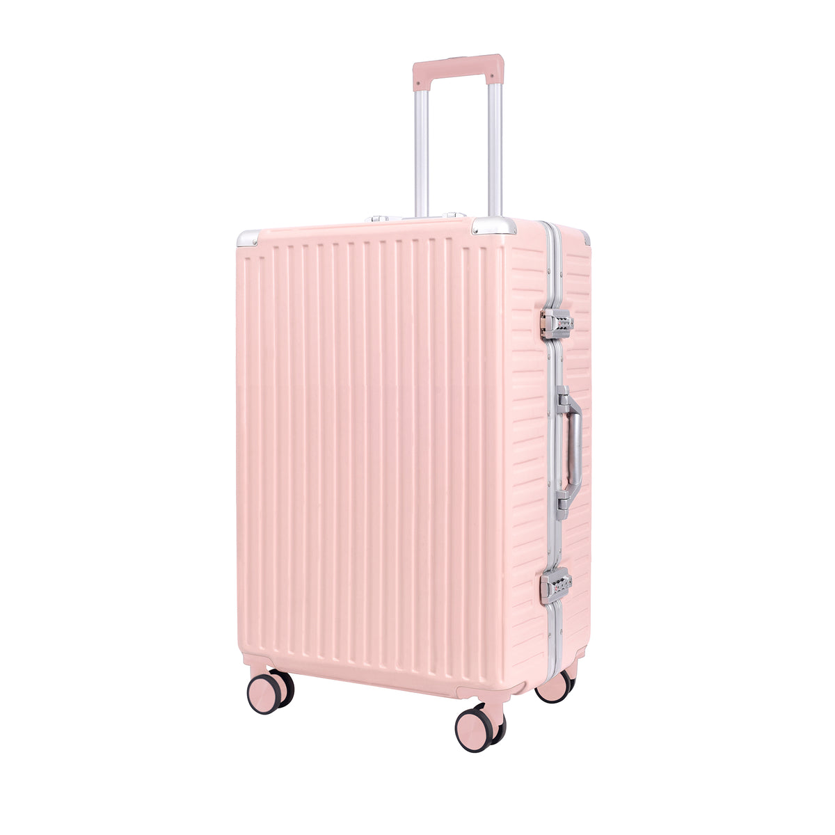Monaco medium polycarbonate trolley bag in pink, 24 inch — front three-quarter view
