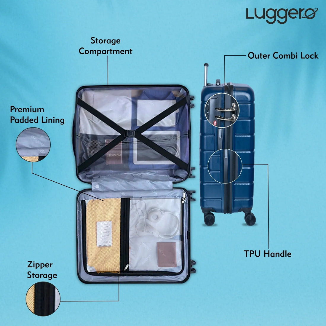 Luggero Eternal Solid Light weight Luggage Deep Blue