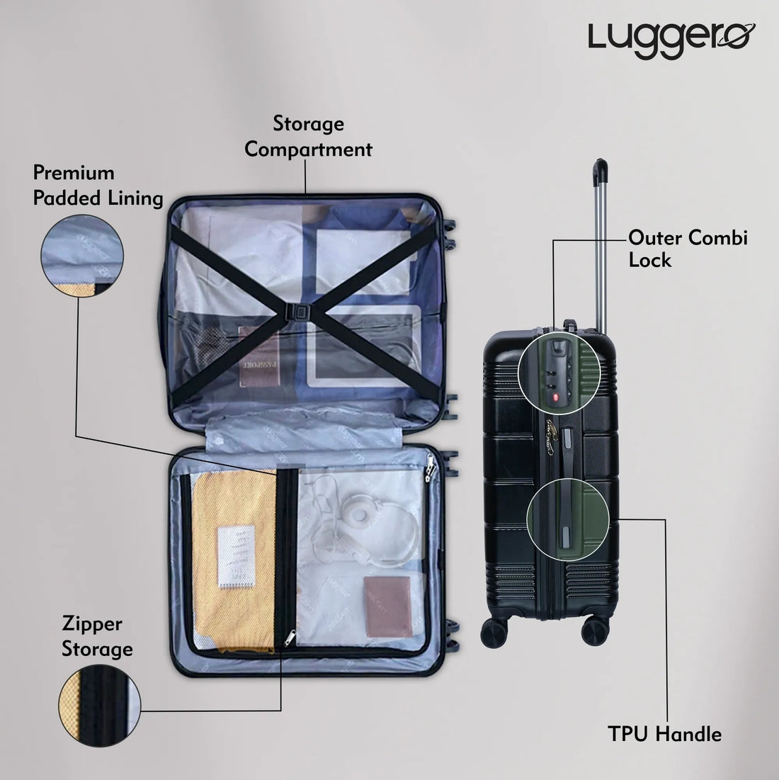 Luggero Star Solid Light weight Luggage Black