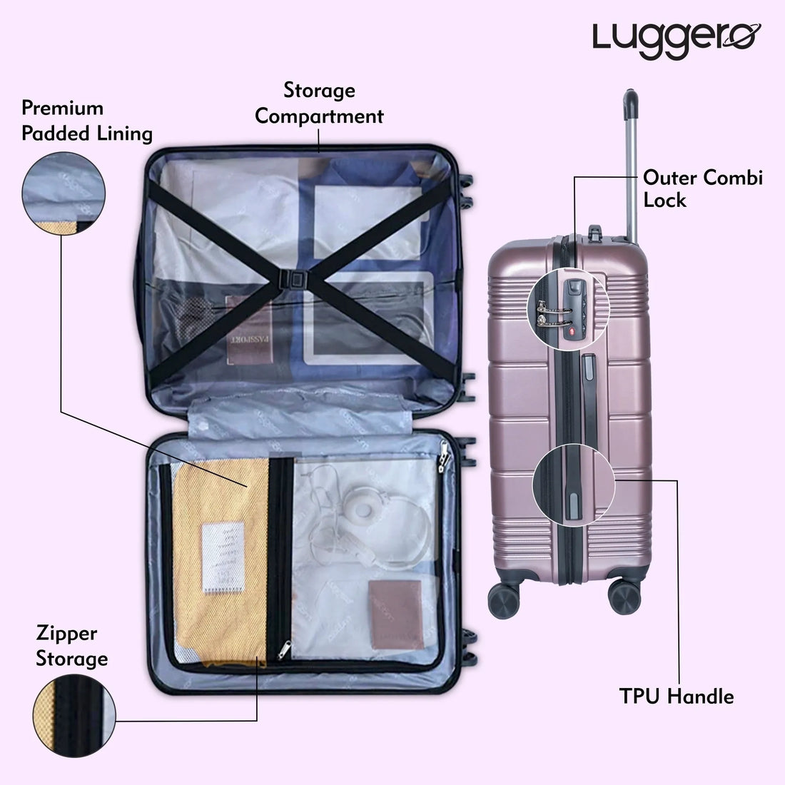 Luggero Star Solid Light weight Luggage Rose Gold