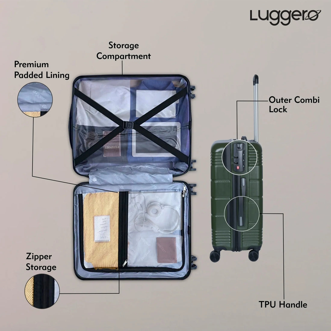 Luggero Star Solid Light weight Luggage Green