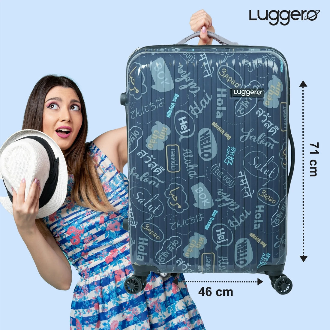 Luggero Film Classic Printed Light weight Luggage HELLO-Blue-L+S