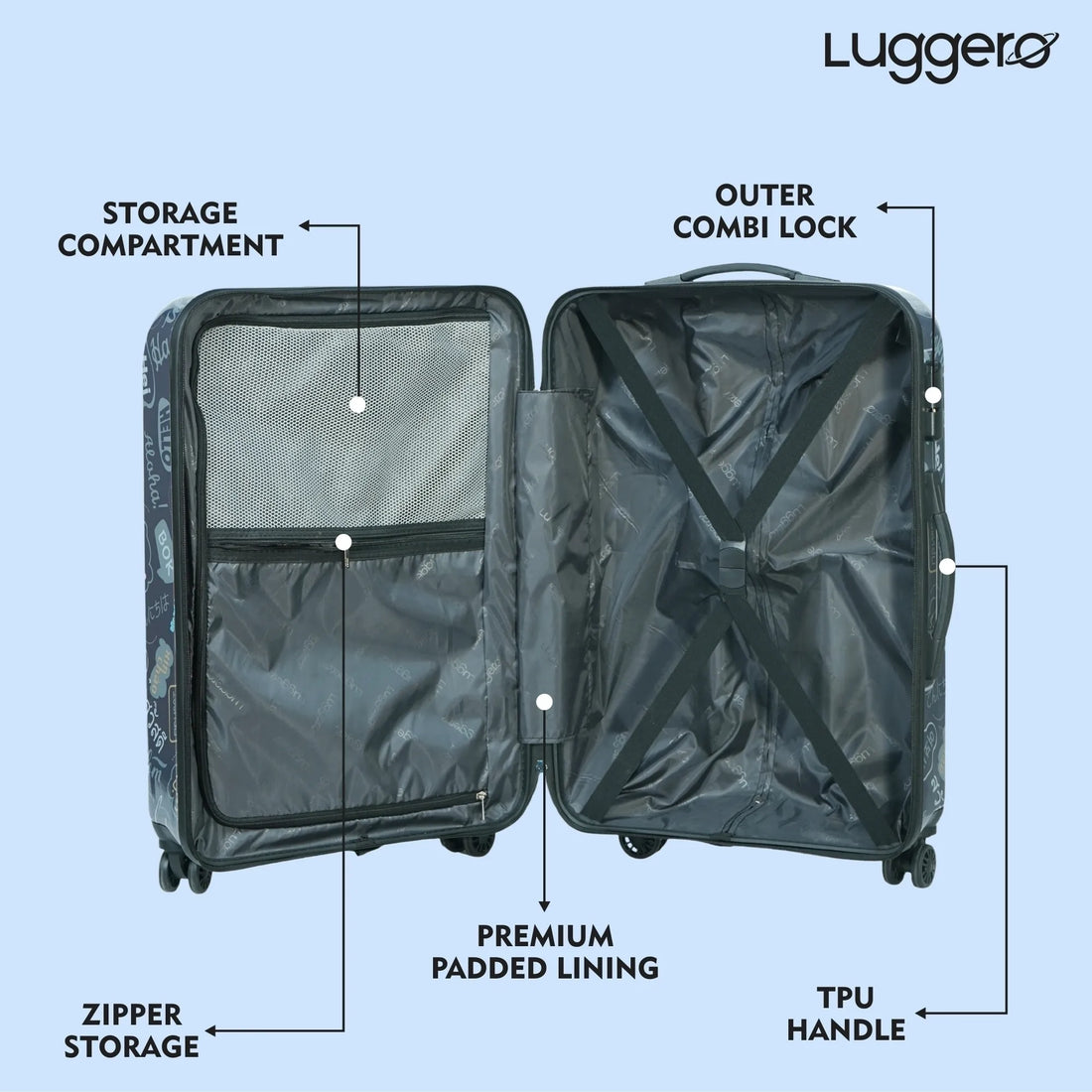 Luggero Film Classic Printed Light weight Luggage HELLO-Blue-L+S