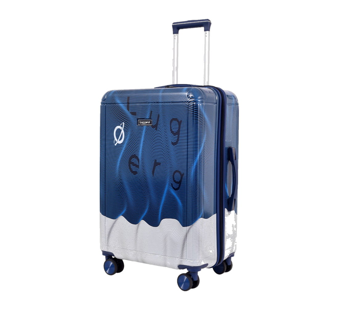 Fuzzy hard-shell trolley case in Blue, Brown